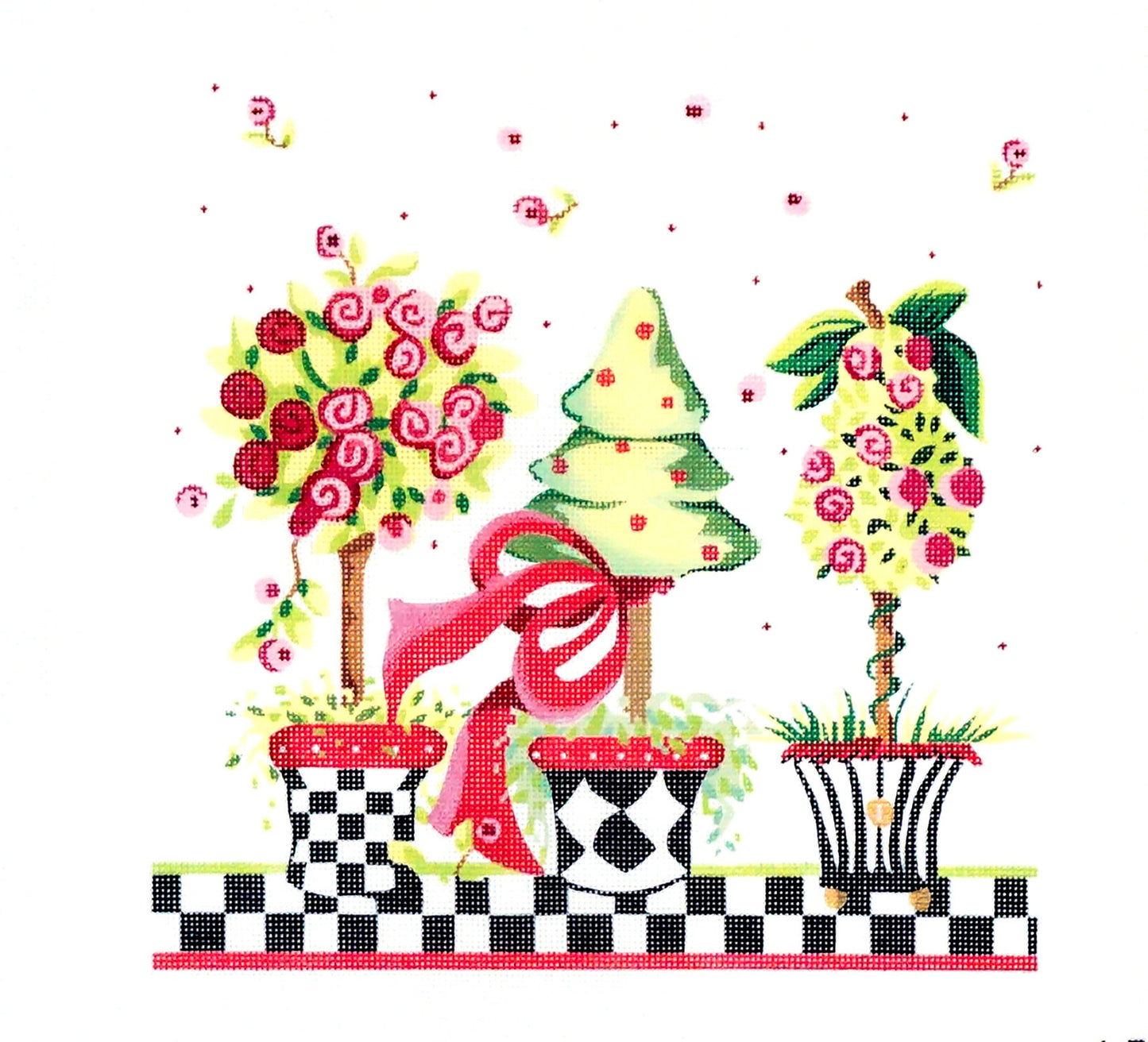 "Pink Posies Topiary" Trees & Pots handpainted Needlepoint Canvas Ornament by Kelly Clark