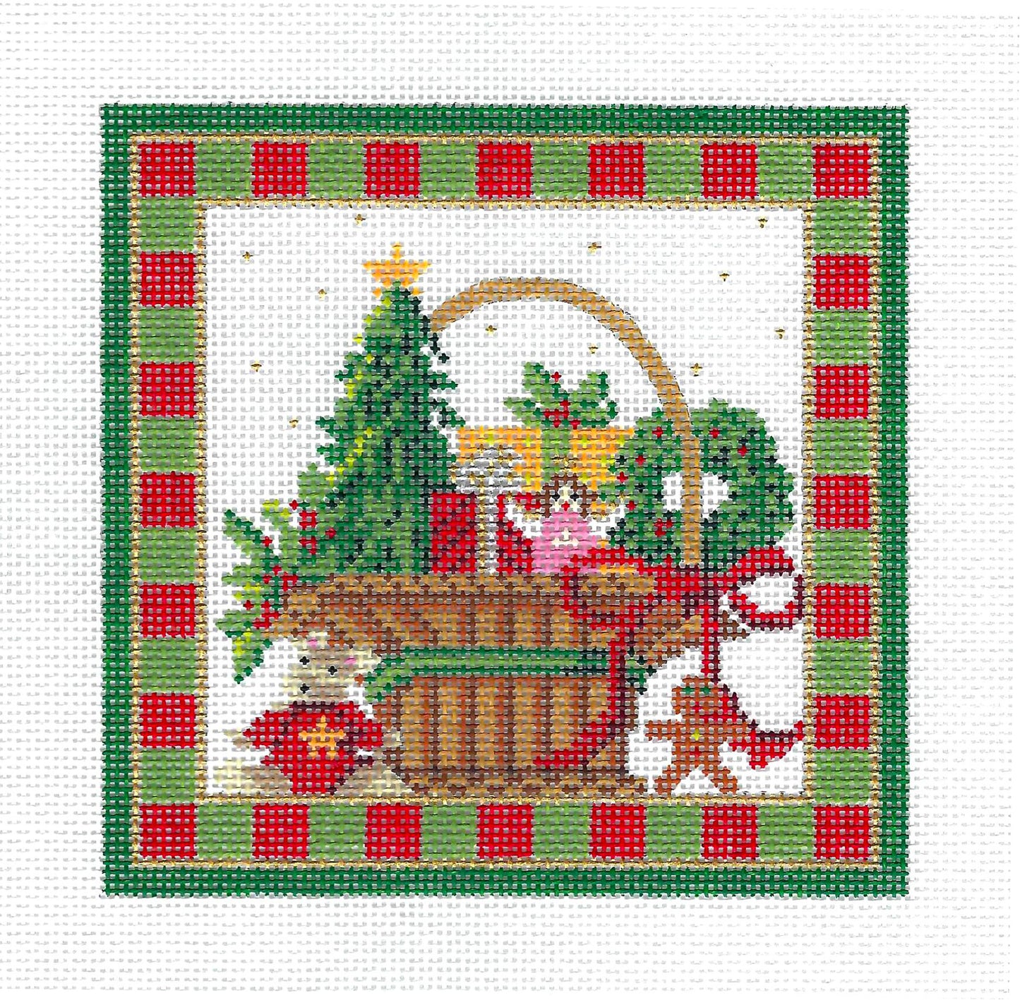 Christmas ~ Christmas Basket of the MONTH for DECEMBER Celebration Canvas 5" Sq. handpainted 18 Mesh Needlepoint Canvas by Kelly Clark