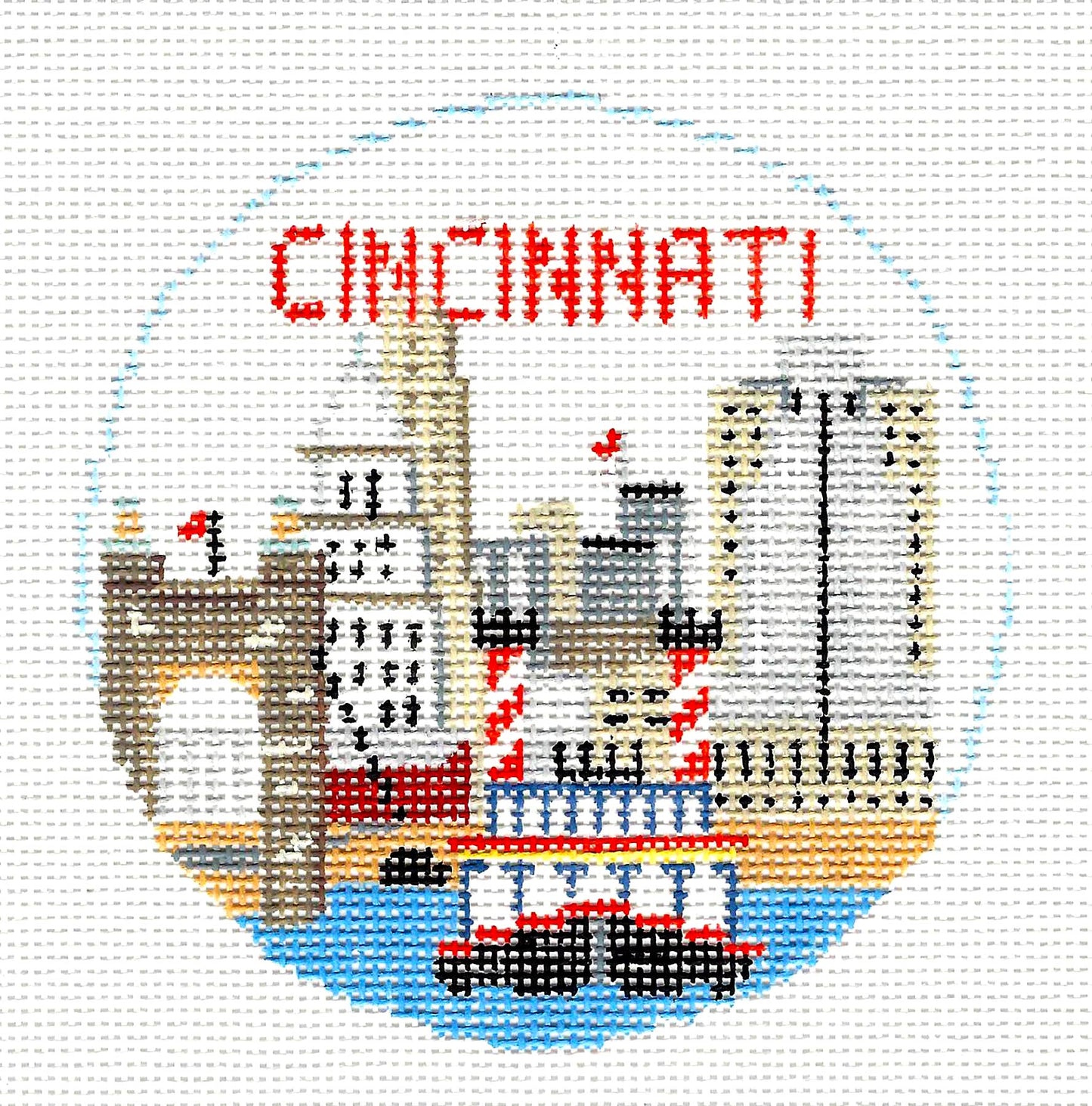 Travel Round ~ CINCINNATI, OHIO handpainted 4" Needlepoint Canvas by Kathy Schenkel RD.