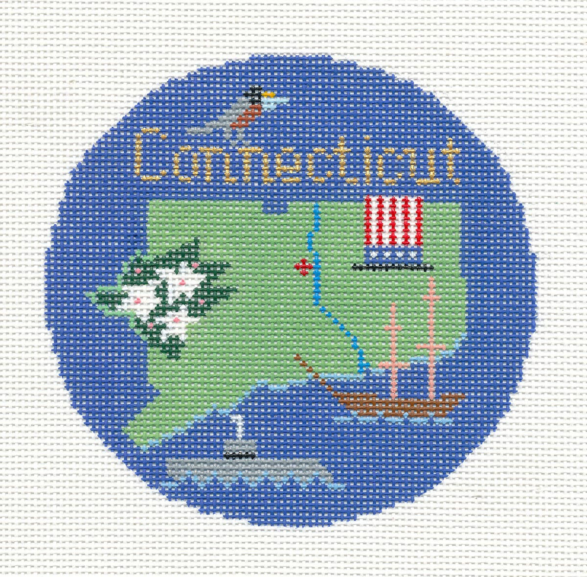 Travel Round ~ State of CONNECTICUT 18 mesh handpainted 4.25" Needlepoint Canvas by Silver Needle