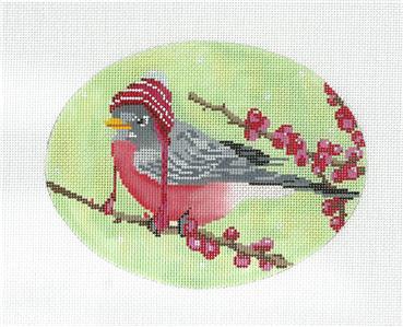Bird Canvas ~ Spring Robin Wearing a Knit Cap on a Branch handpainted 18 Mesh Oval Needlepoint Canvas by Scott Church