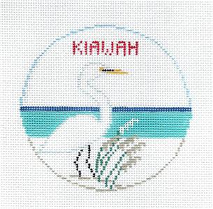 Travel Round ~ KIAWAH ISLAND, SOUTH CAROLINA 4" Beach Scene with Egret handpainted Needlepoint Canvas by Kathy Schenkel