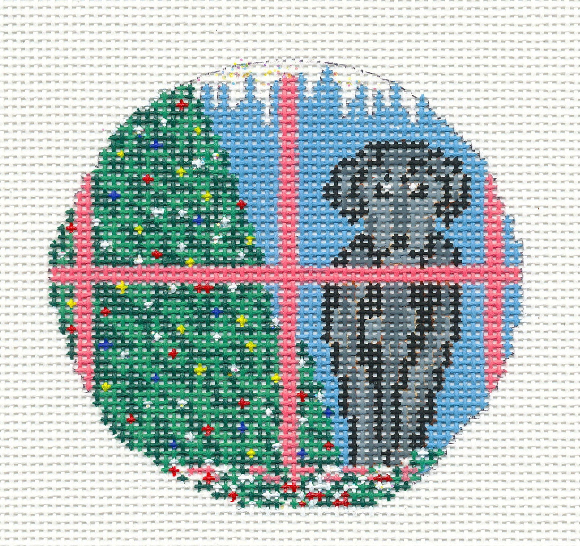 Dog Round ~ Black Lab Dog by the Christmas Tree Ornament handpainted 18 mesh 3" Needlepoint Canvas by Needle Crossings