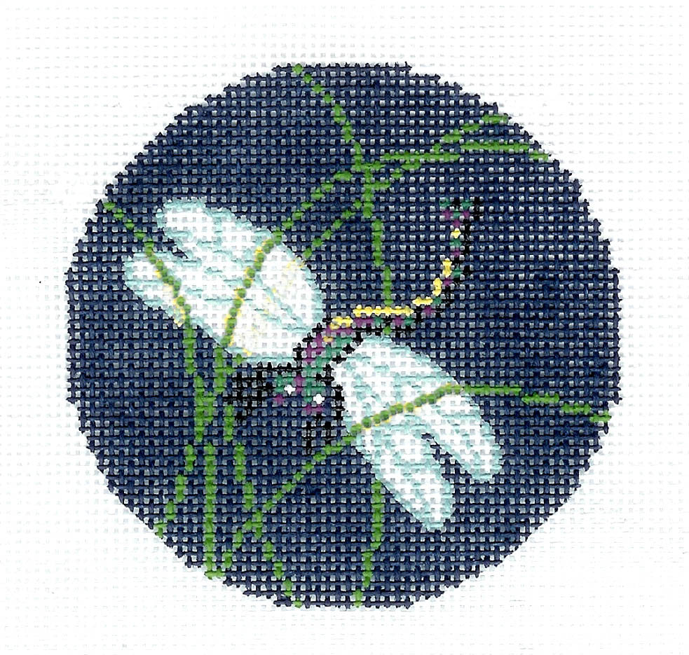 3" Round ~ Dragonfly in the Reeds on Navy Background 18 Mesh handpainted 3" Rd. Needlepoint Canvas by LEE