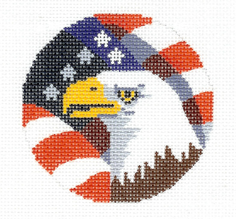 Patriotic ~ Bald Eagle with American Flag 3" Rd. handpainted 18 mesh Needlepoint Canvas by LEE