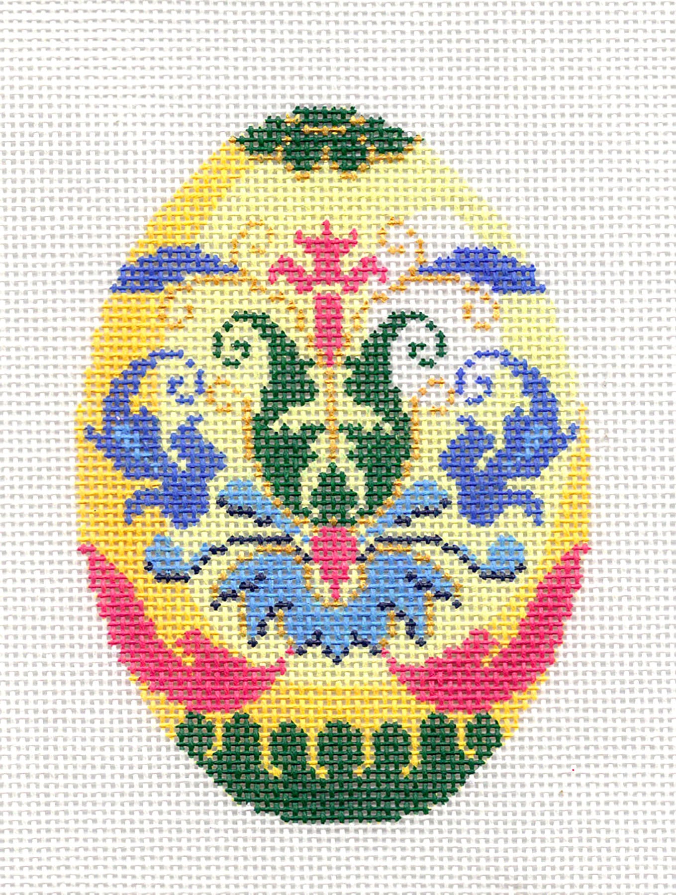 Faberge Egg ~ Elegant Yellow and Blue Jeweled EGG handpainted 18 Mesh Needlepoint Canvas Ornament by LEE