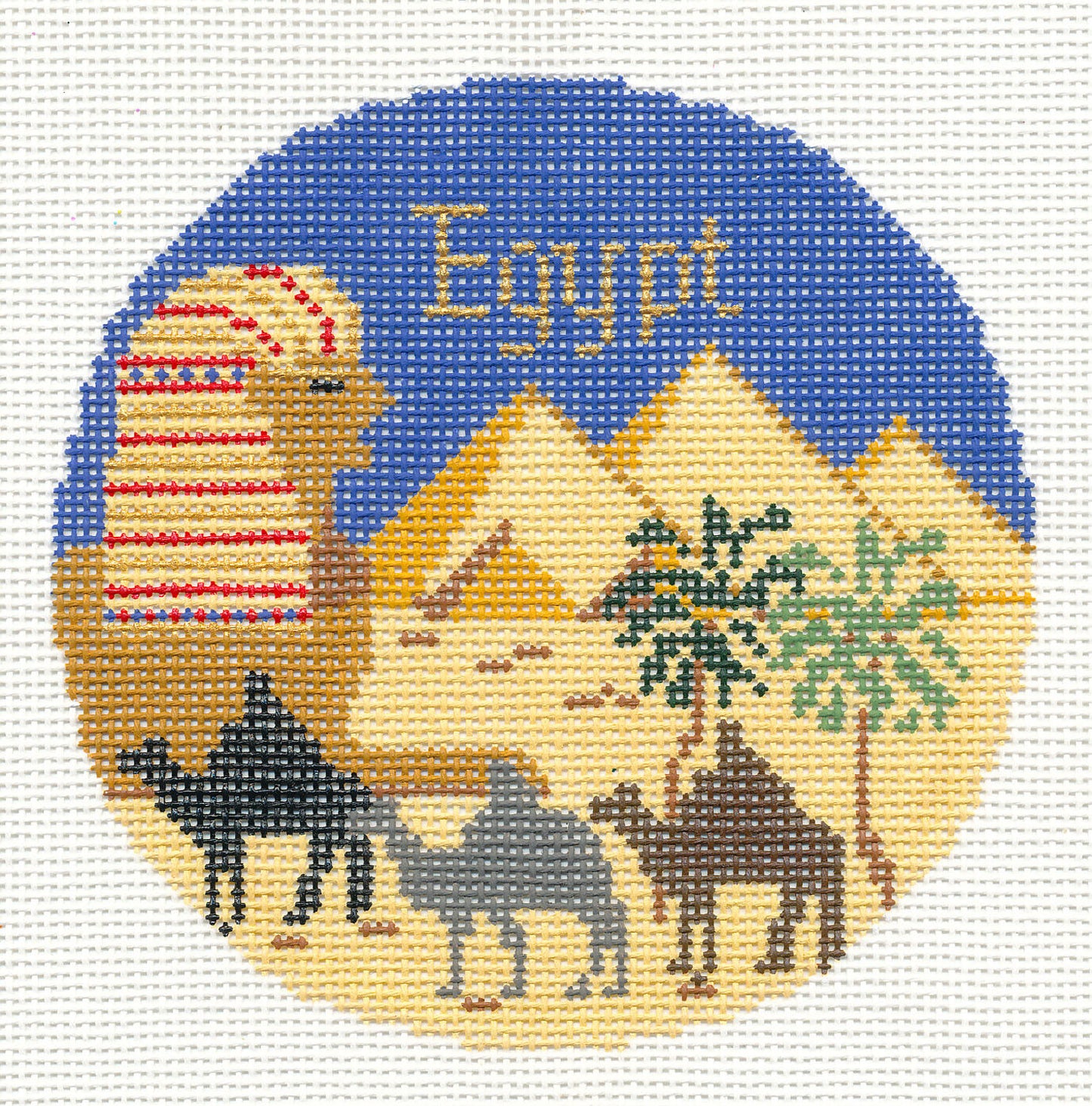 Travel Round ~ EGYPT handpainted 18 Mesh 4.25" Needlepoint Ornament Canvas by Silver Needle
