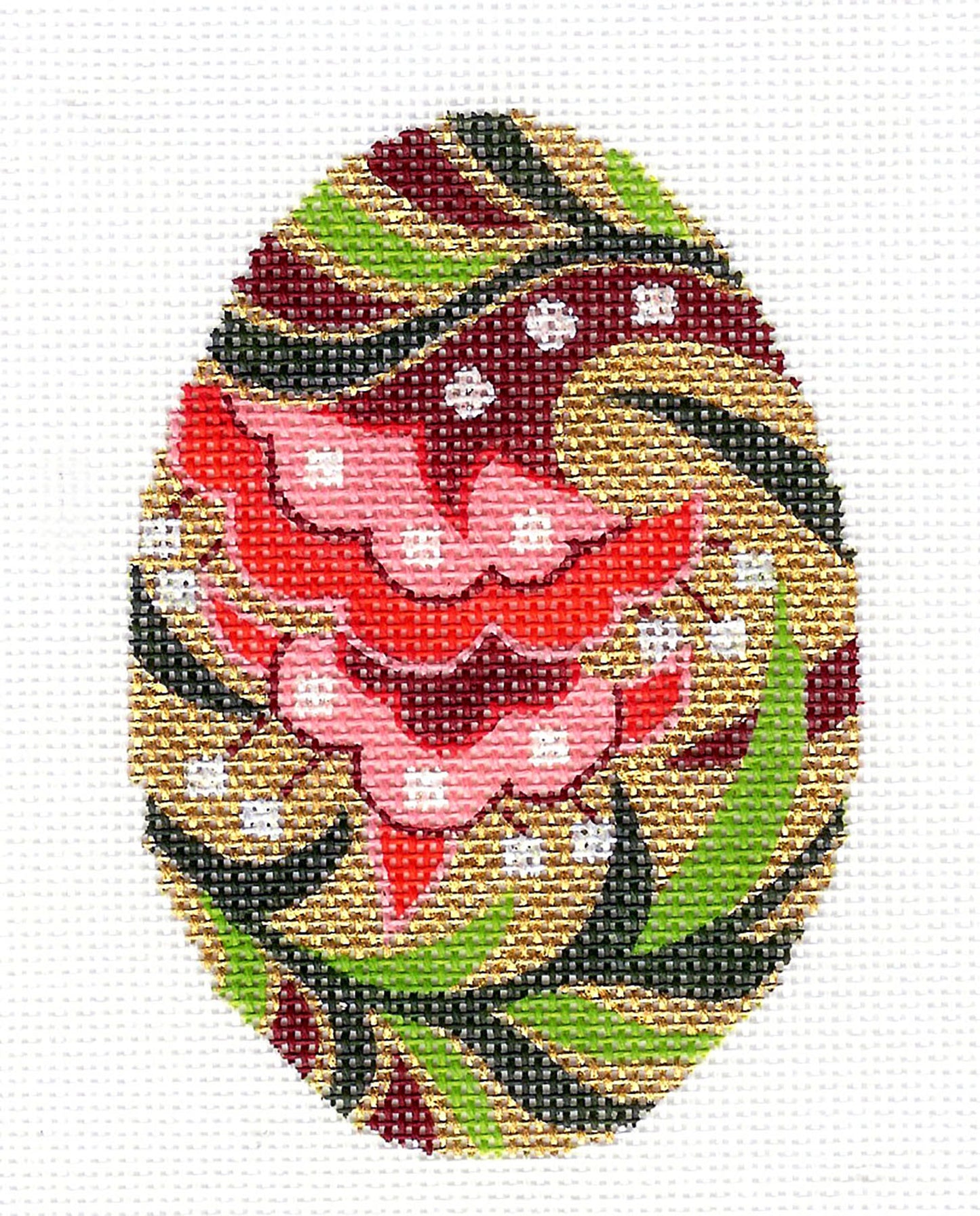Faberge Egg ~ Jeweled EGG with Floral Center & Extensive Gold 18 Mesh handpainted Needlepoint Canvas by LEE