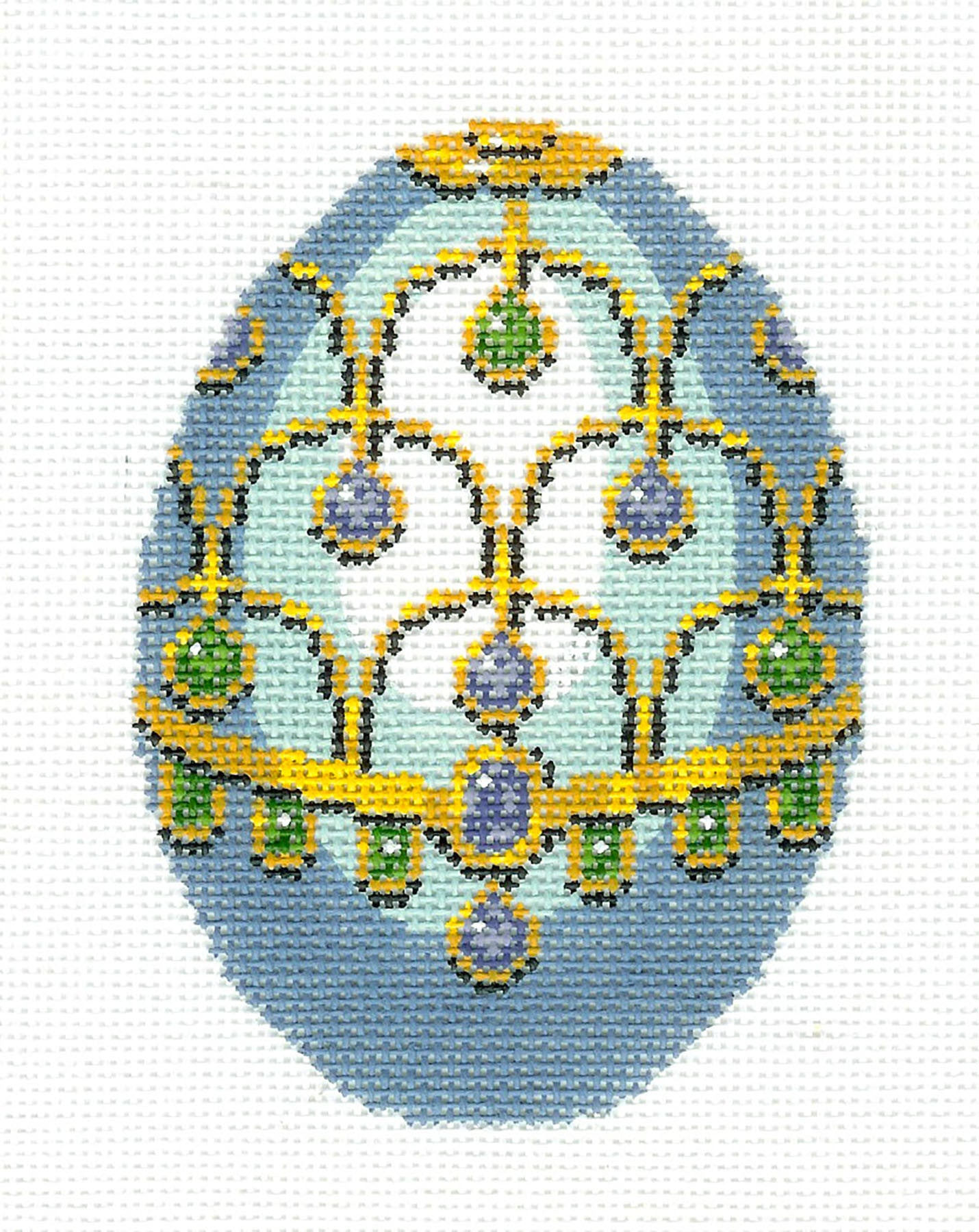 Faberge EGG ~ Faberge Jeweled Blue and Gold EGG handpainted 18 Mesh Needlepoint Canvas by LEE
