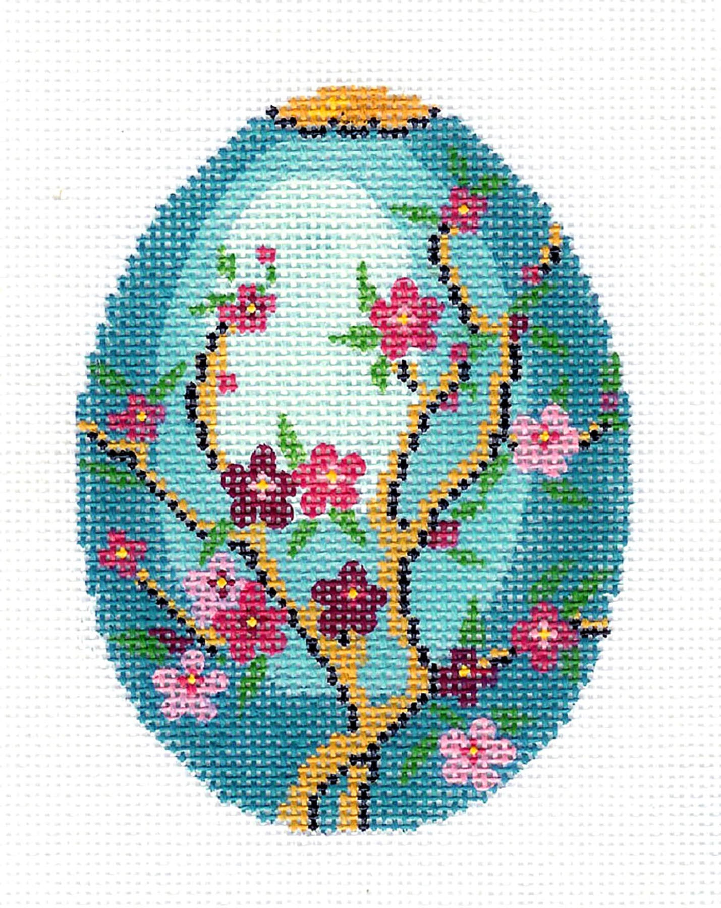 Faberge Egg ~ Jeweled Cherry Blossoms on Turquoise EGG handpainted 18 Mesh Needlepoint Canvas by LEE