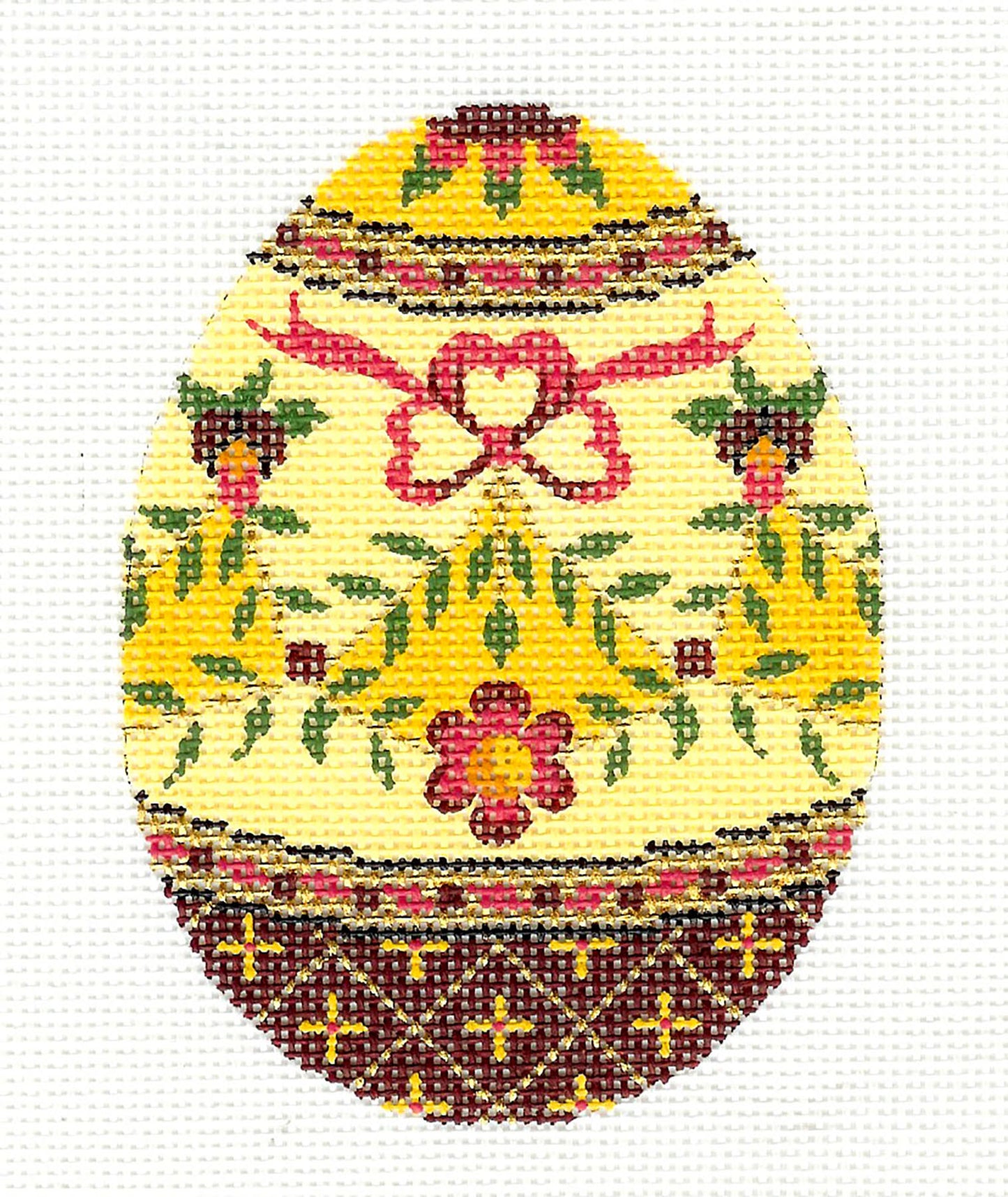 Faberge Egg ~ Jeweled Sunny Yellow and Rose EGG handpainted 18 Mesh Needlepoint Canvas or Ornament by LEE