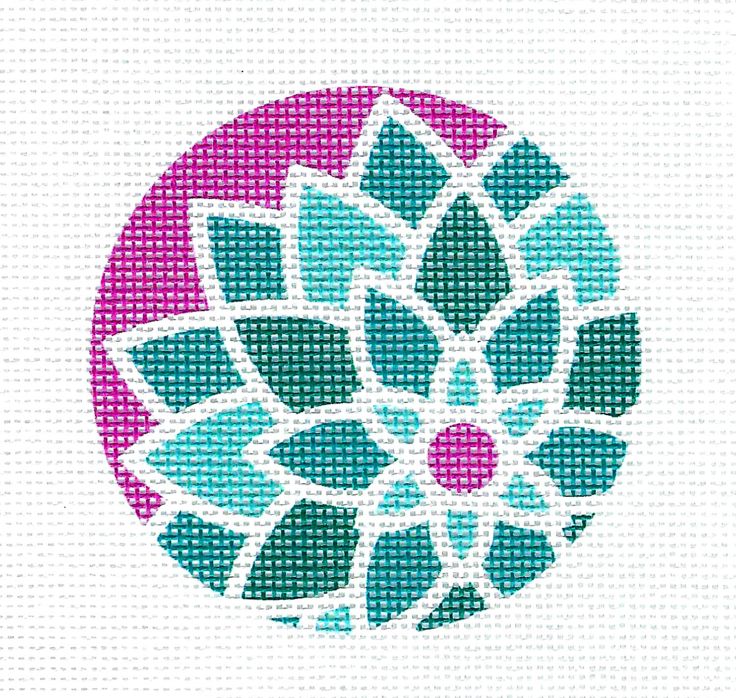 3" Round ~ Teal & Pink Deco Flower 3" Round handpainted Needlepoint Canvas by Pepperberry
