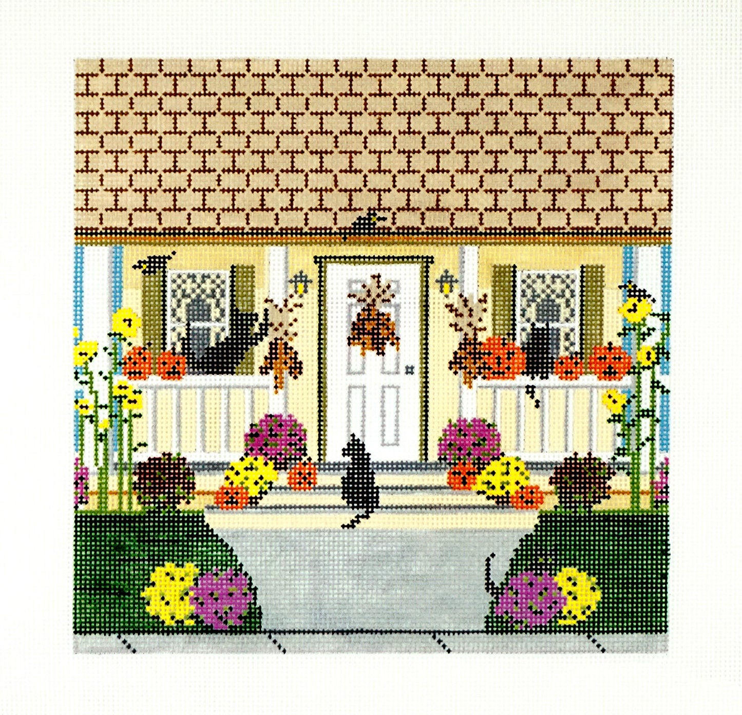 Autumn House with Cats & Pumpkins on the Porch handpainted 9.45" Square 13 Mesh Needlepoint Canvas by Needle Crossings