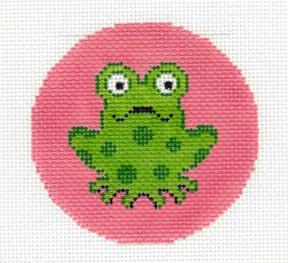 Round~LEE Smiling Happy Frog handpainted Needlepoint Canvas 3" Rd. Ornament or Insert