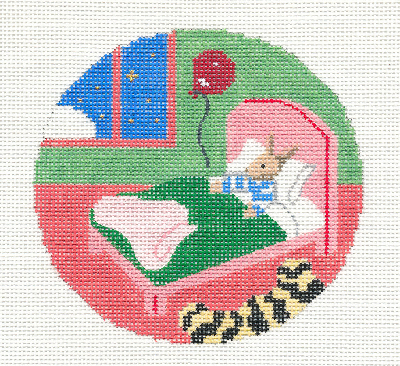 Child's Round ~ Goodnight Moon Bunny in Bed with Balloon 4.25" handpainted 18 Mesh Needlepoint Canvas by Silver Needle