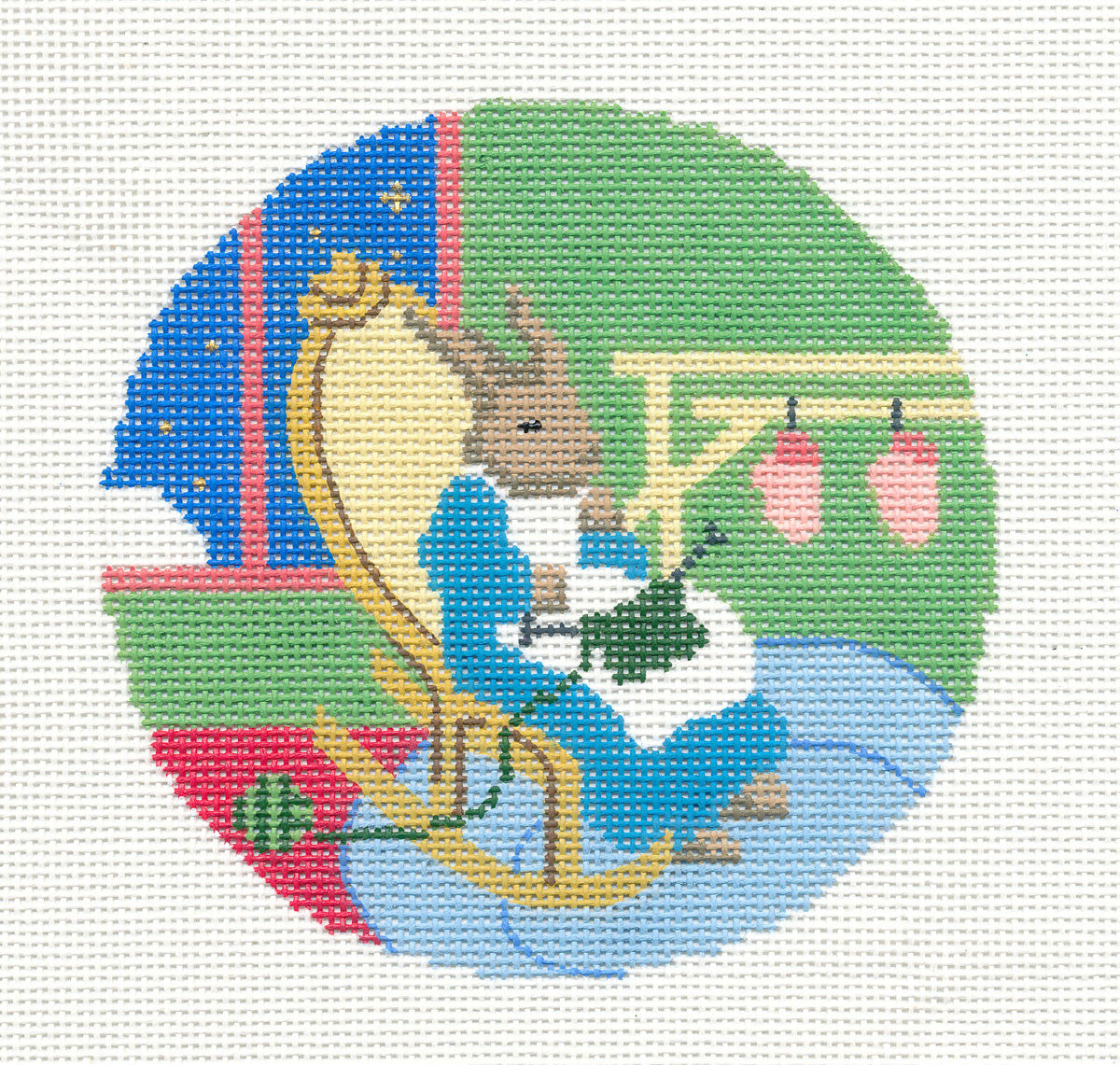 Child's Round ~ Goodnight Moon Grandma Bunny Knitting 18 Mesh handpainted 4.25" Needlepoint Canvas by Silver Needle