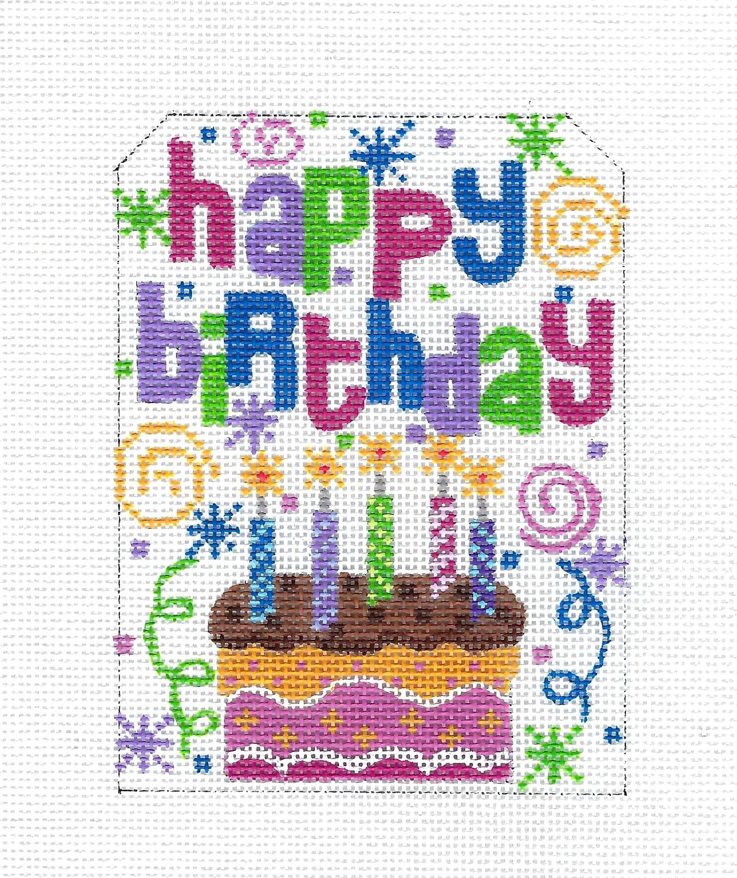 HAPPY BIRTHDAY Celebration Cake on handpainted 18 Mesh Needlepoint Canvas by CH Designs