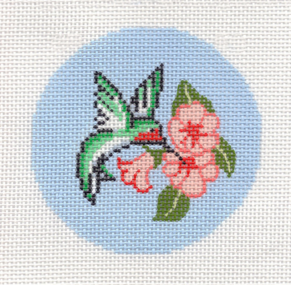 Round ~ Hummingbird at a Blossom 18 Mesh handpainted 3" Rd. Needlepoint Canvas by LEE
