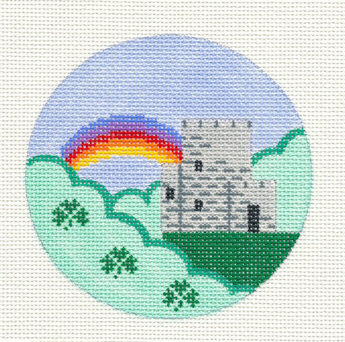 International Travel ~ IRELAND Castle, Rainbow & Lucky Clover IRISH handpainted 18 Mesh Needlepoint Canvas by Painted Pony
