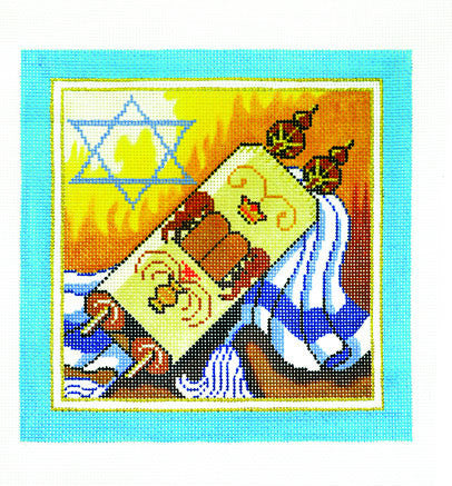 Canvas ~ Tefillin Bag with Torah Candles and Tallit handpainted Needlepoint Canvas from LEE