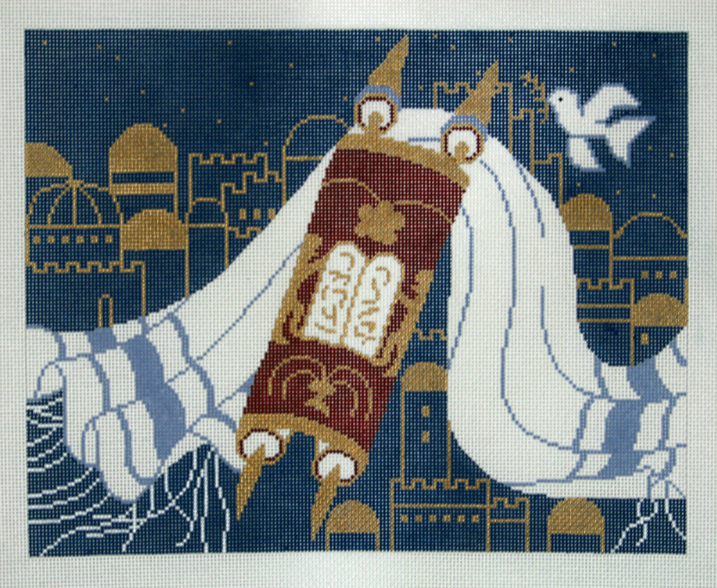 Tallis Bag with Torah and Tallit on Blue & Gold Background handpainted Needlepoint Canvas from LEE