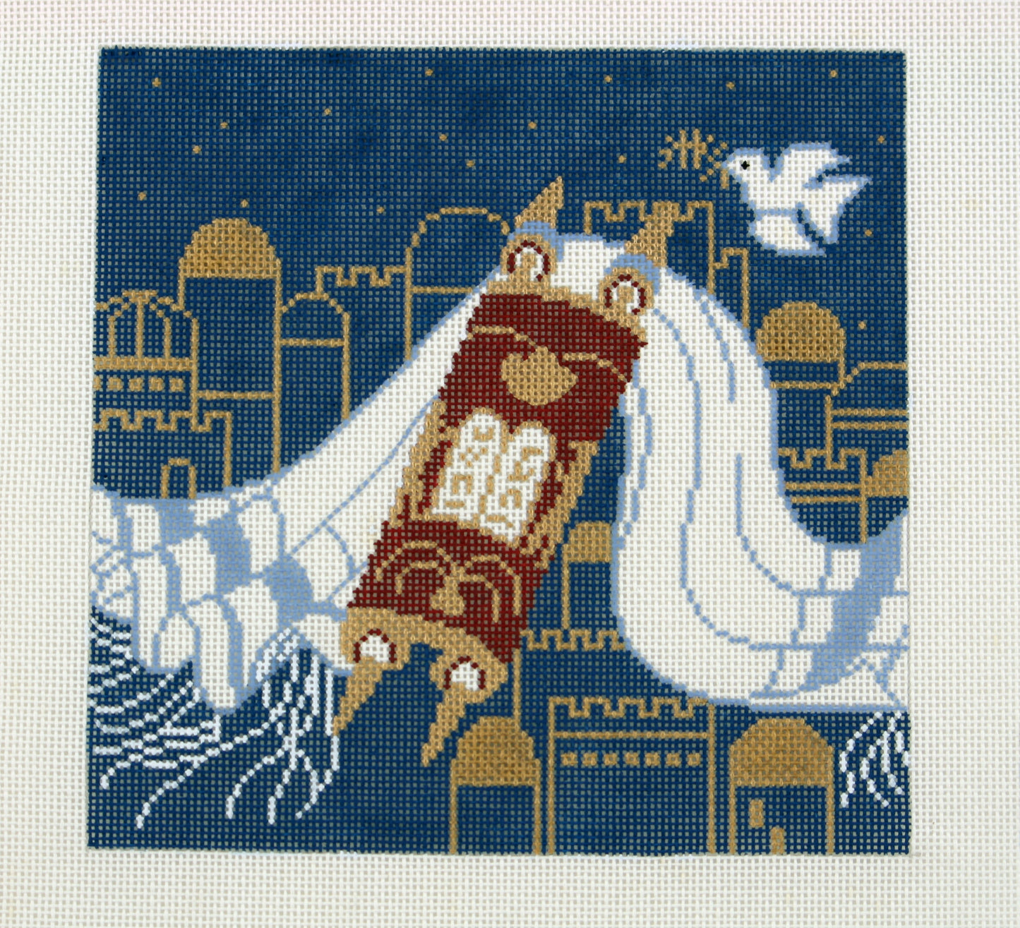 Canvas ~ Tefillin Bag with Torah and Tallit on Blue 9" Sq. handpainted Needlepoint Canvas