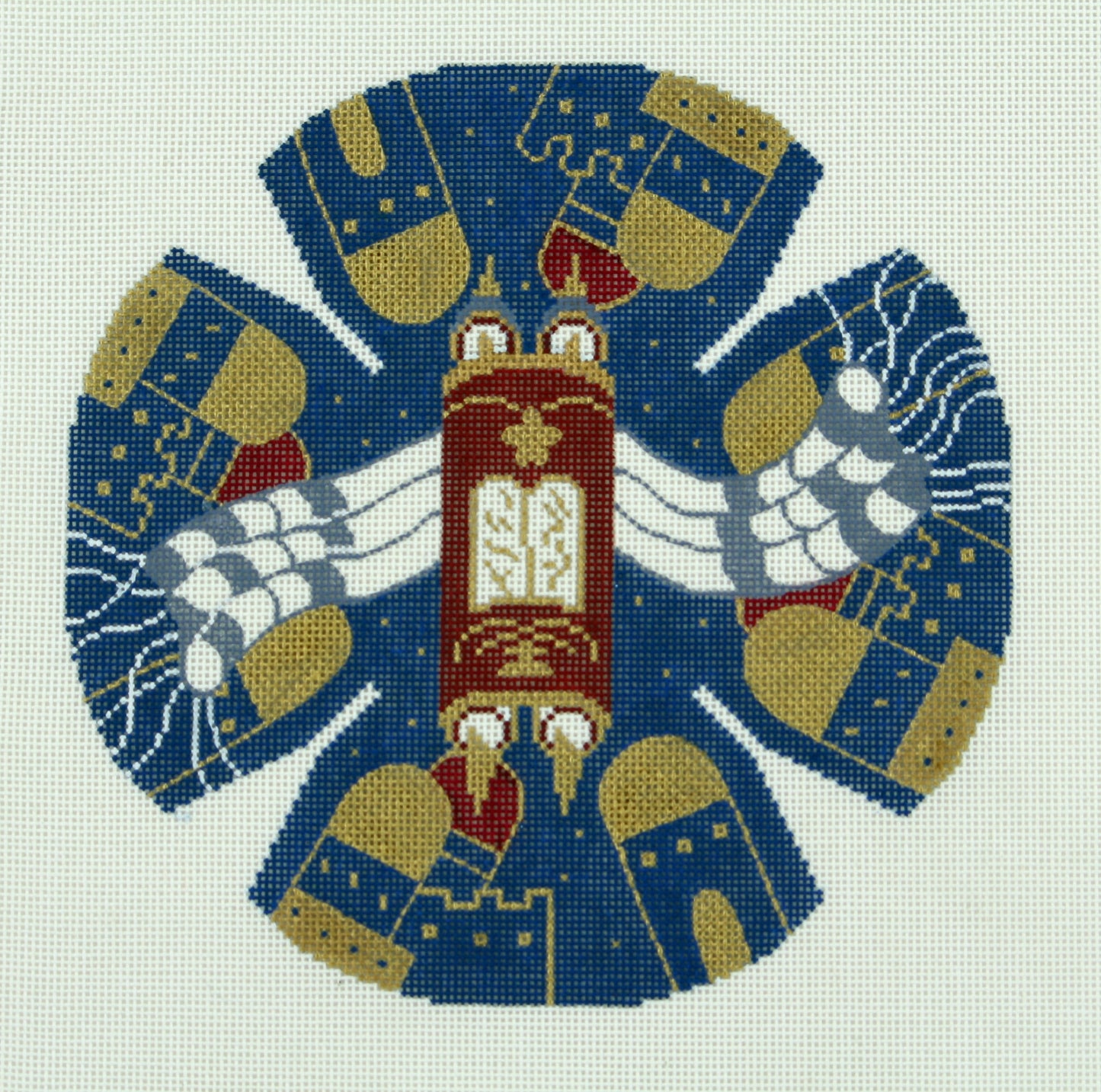 Yarmulke with Tallit and City of Jerusalem on Blue handpainted Needlepoint Canvas