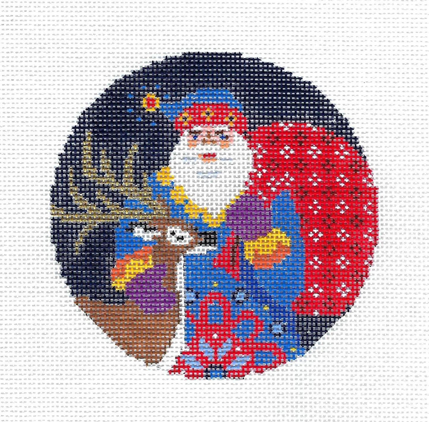 Christmas ~ Jacobean Santa with Reindeer 4" Rd. handpainted 18 Mesh Needlepoint Ornament Canvas by Abigail Cecile