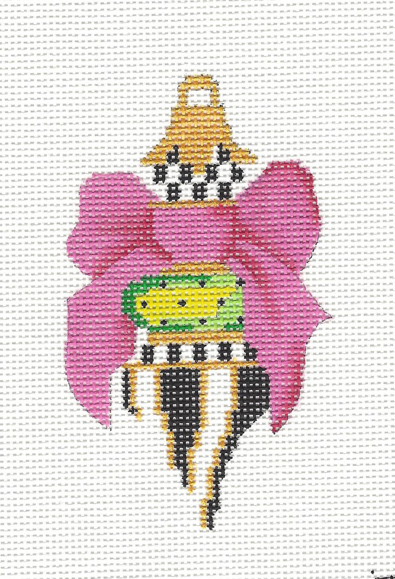 Ornament ~ Pink Bow on a Black, White, Pink & Gold Ornament handpainted Needlepoint Canvas by Kelly Clark ~ RETIRED