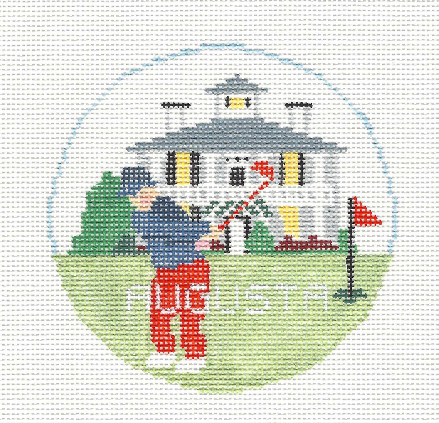 Sports Travel Round ~ Augusta, Georgia GOLF Sports handpainted 18 Mesh Needlepoint Canvas by Kathy Schenkel