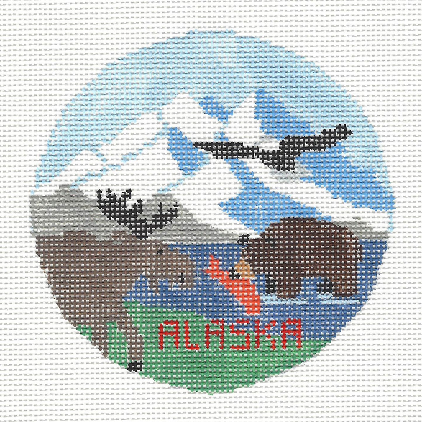 Travel Round ~ ALASKA Wildlife and Wilderness 18 Mesh handpainted 4"Rd. Needlepoint Canvas by Kathy Schenkel
