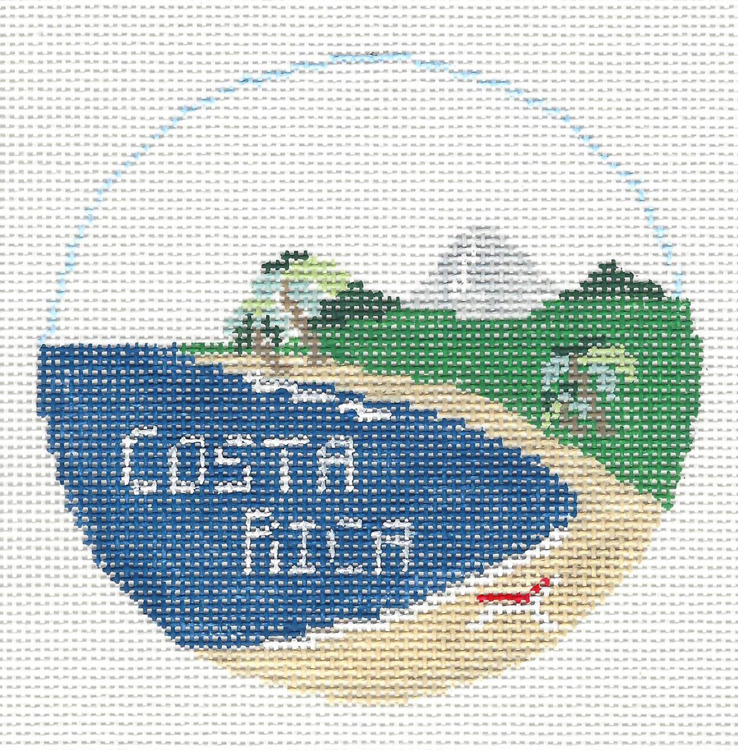 Travel Round ~ COSTA RICA handpainted 18 Mesh 4" Rd. Needlepoint Canvas by Kathy Schenkel