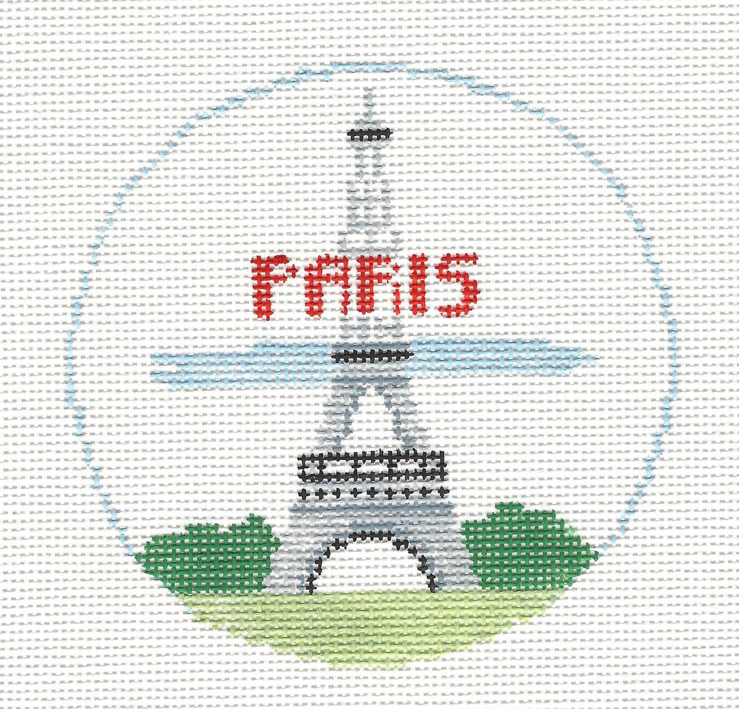 Travel Round ~ PARIS, FRANCE with the Eiffel Tower handpainted 4" Rd. 18 Mesh Needlepoint Canvas by Kathy Schenkel
