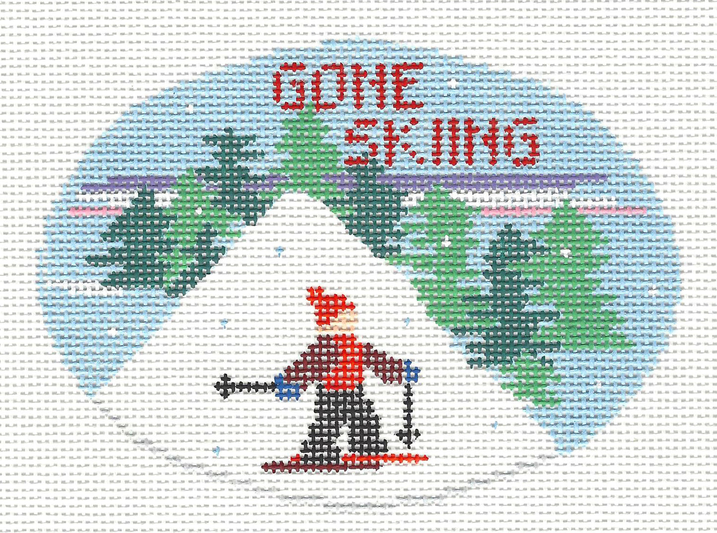 Sports Oval ~ GONE SKIING Winter handpainted 18 Mesh Needlepoint Canvas by Kathy Schenkel