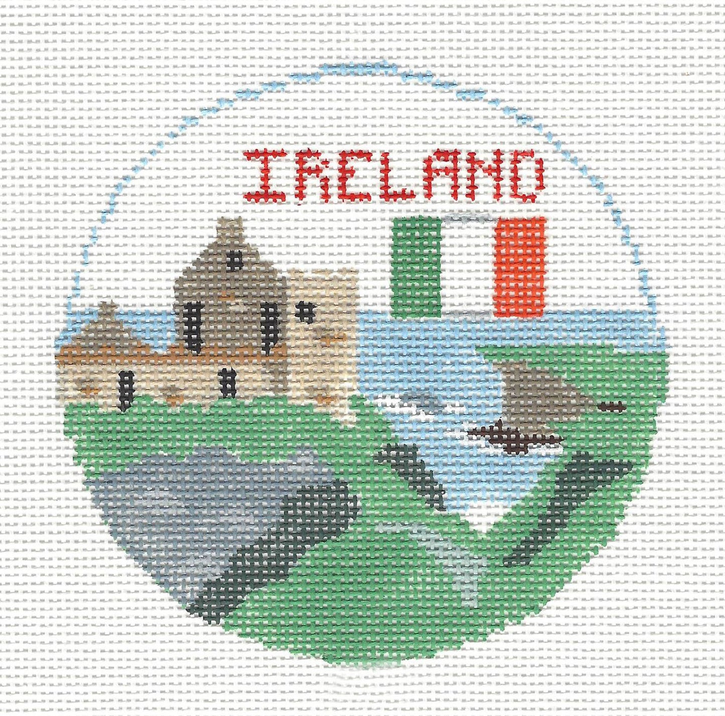 Travel Round ~ Country of IRELAND handpainted 4" Rd. 18 mesh Needlepoint Canvas by Kathy Schenkel