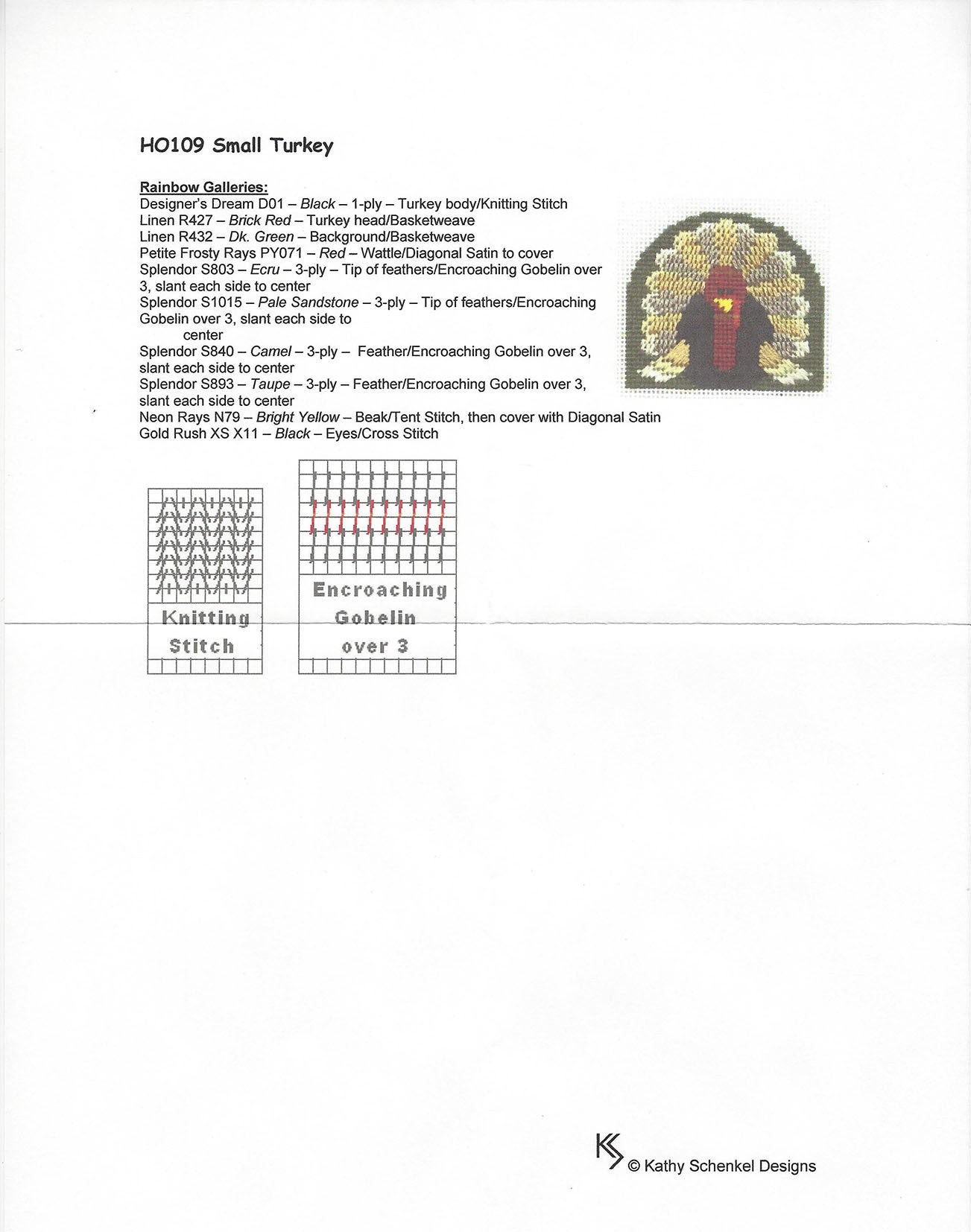 Canvas ~ Petite Turkey & 1 Page Stitch Guide Handpainted Needlepoint Canvas by Kathy Schenkel