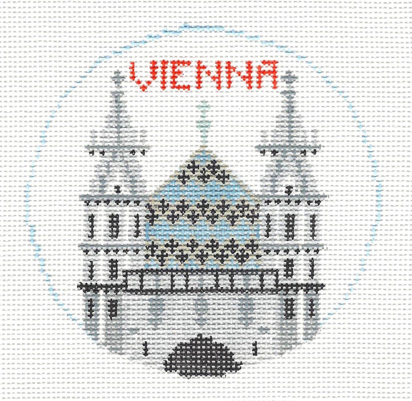 Travel Round ~ Vienna, Austria handpainted 18 Mesh 4" Rd. Needlepoint Canvas by Kathy Schenkel