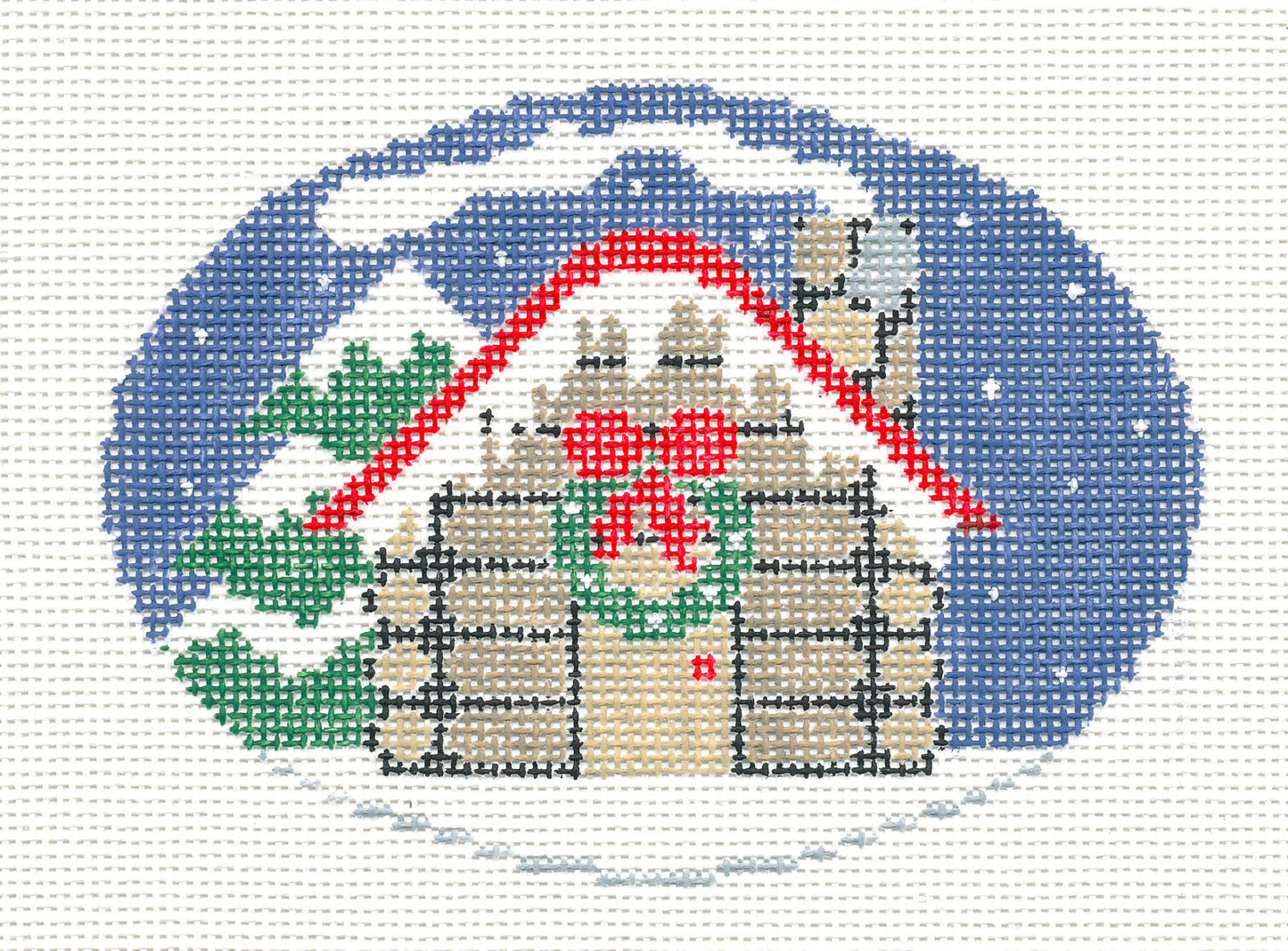 Oval~Winter Cottage handpainted Needlepoint Canvas~by Kathy Schenkel