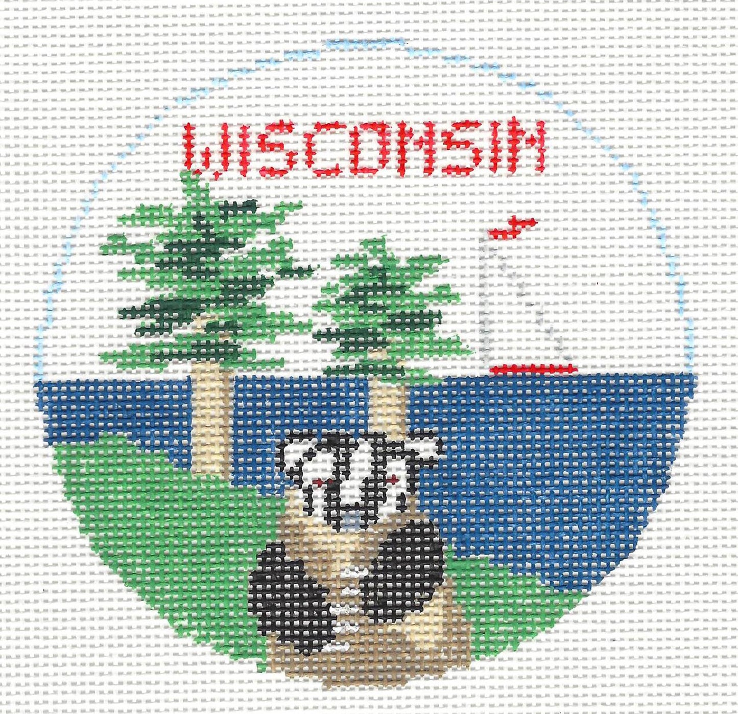Travel Round ~ WISCONSIN handpainted 18 Mesh 4" Rd. Needlepoint Ornament Canvas by Kathy Schenkel