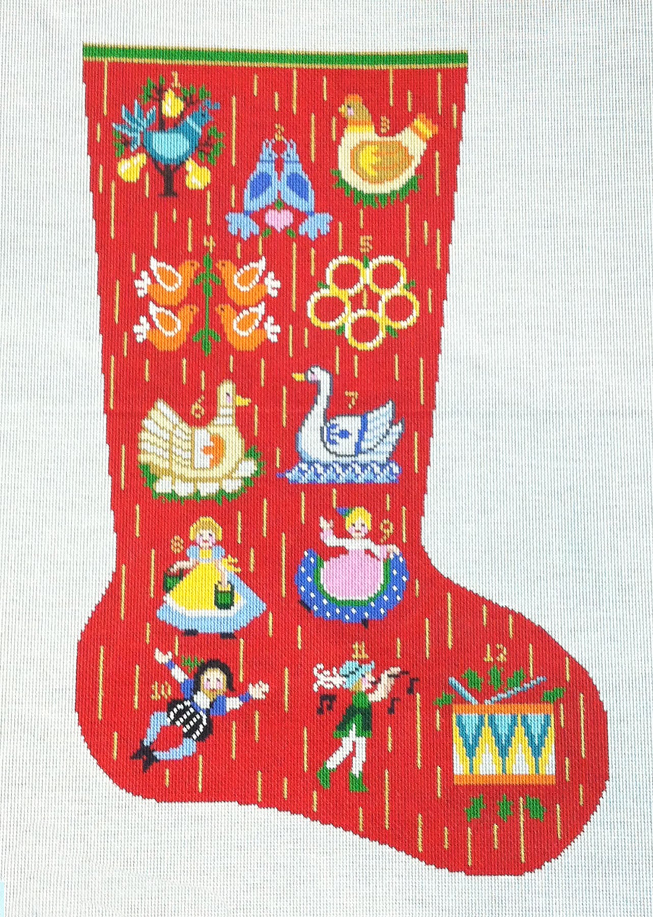 Christmas Stocking ~ Twelve Days of Christmas Full Size Stocking handpainted 13 mesh Needlepoint Canvas by LEE NEEDLE ARTS