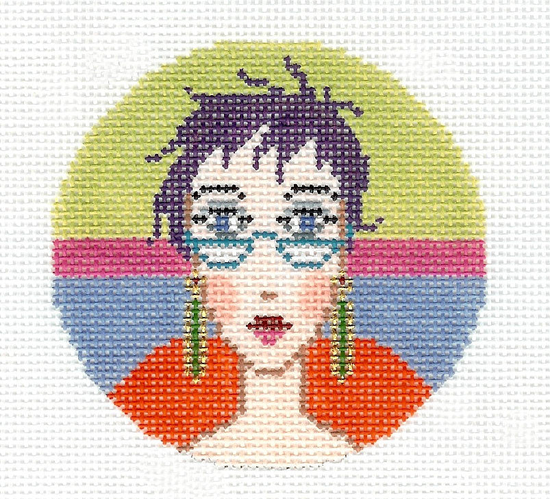 Round ~ Lady with Glasses handpainted 18 Mesh Needlepoint Canvas 3" Rd. Insert or Ornament LEE