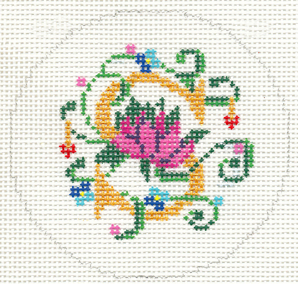 Alphabet ~ Letter "S" Floral Design handpainted Needlepoint Canvas 3" Rd. 18 mesh by Lee