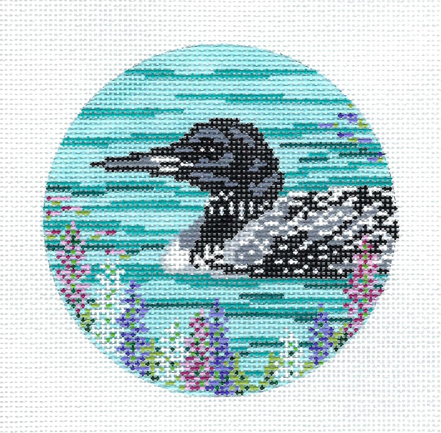 Bird Canvas ~ Elegant LOON on the Lake handpainted 18 mesh 4" Round Needlepoint Ornament by Needle Crossings