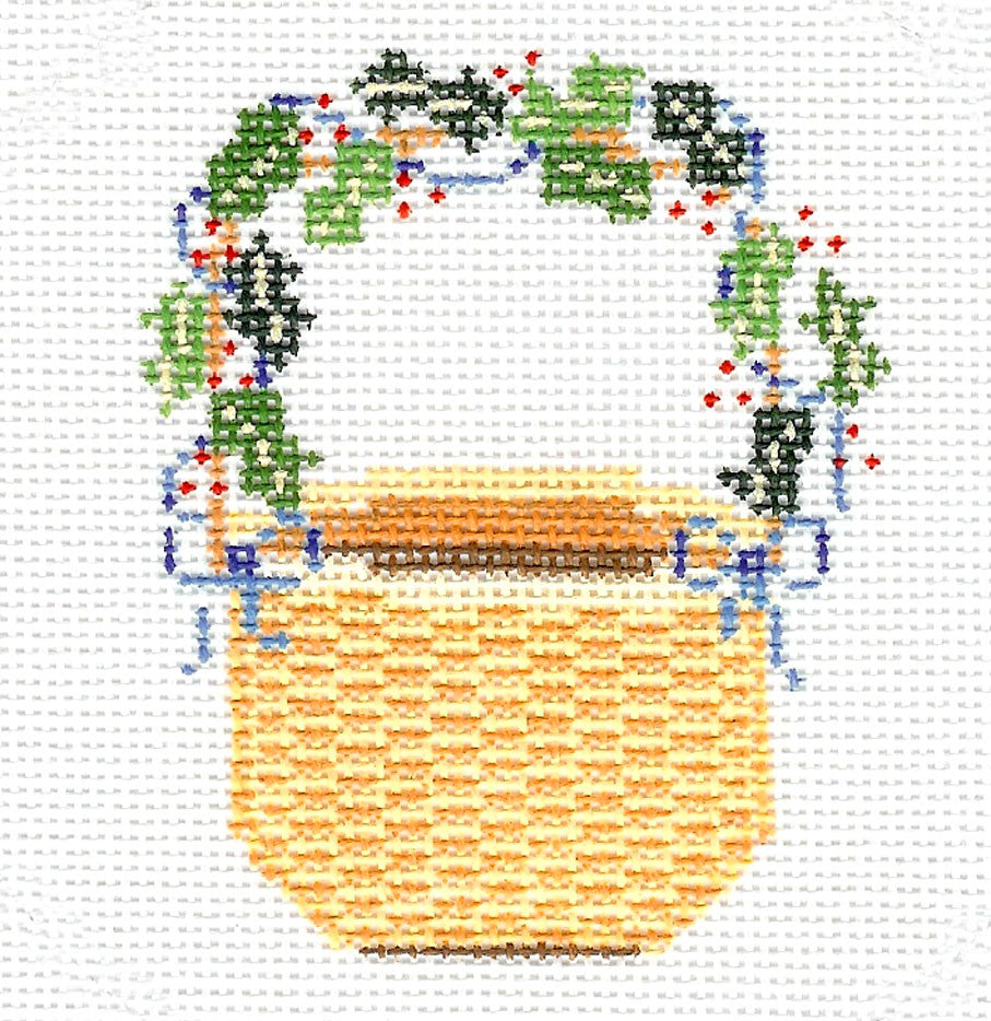 Nantucket Canvas ~ Nantucket Basket with Holly & Ribbons Handle handpainted 18 Mesh Needlepoint Canvas by MBM Designs