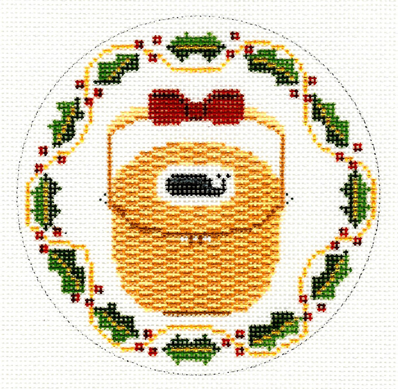 Nantucket Canvas ~ Nantucket Basket with Scrimshaw, Holly Wreath & Gold Ribbon Surround 4.5" Design by MBM Designs