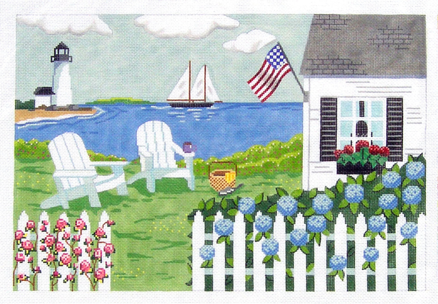 Seaside ~ Seaside Cottage on Nantucket Island, New England or Cape Cod handpainted 18 Mesh needlepoint canvas by MBM Designs