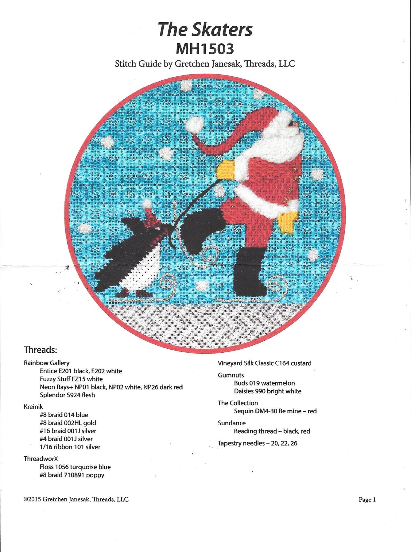 Round ~ The Skaters ~ Santa and His Penguin with Stitch Guide 18 Mesh handpainted Needlepoint Canvas by Mile High Princess