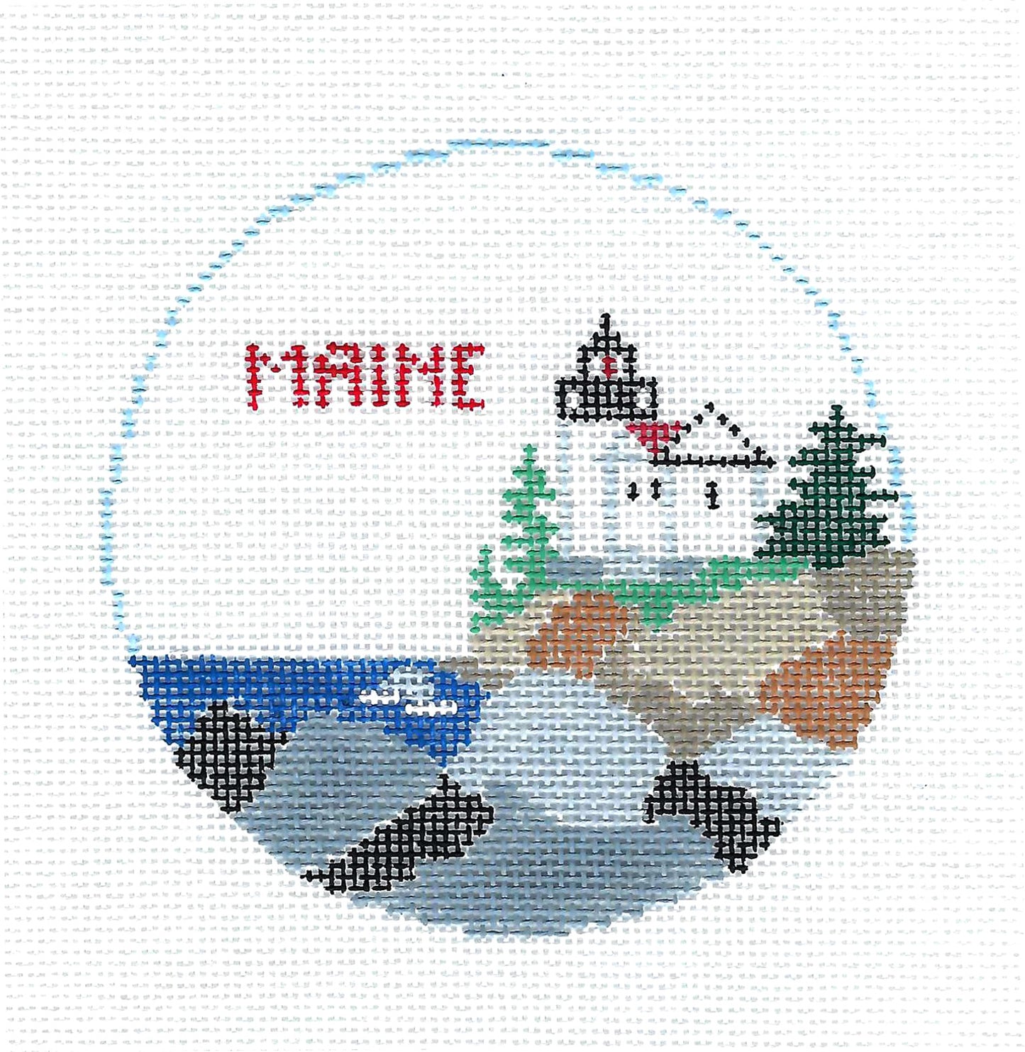 Travel Round ~ State of MAINE 4" Round handpainted Needlepoint Canvas ornament by Kathy Schenkel