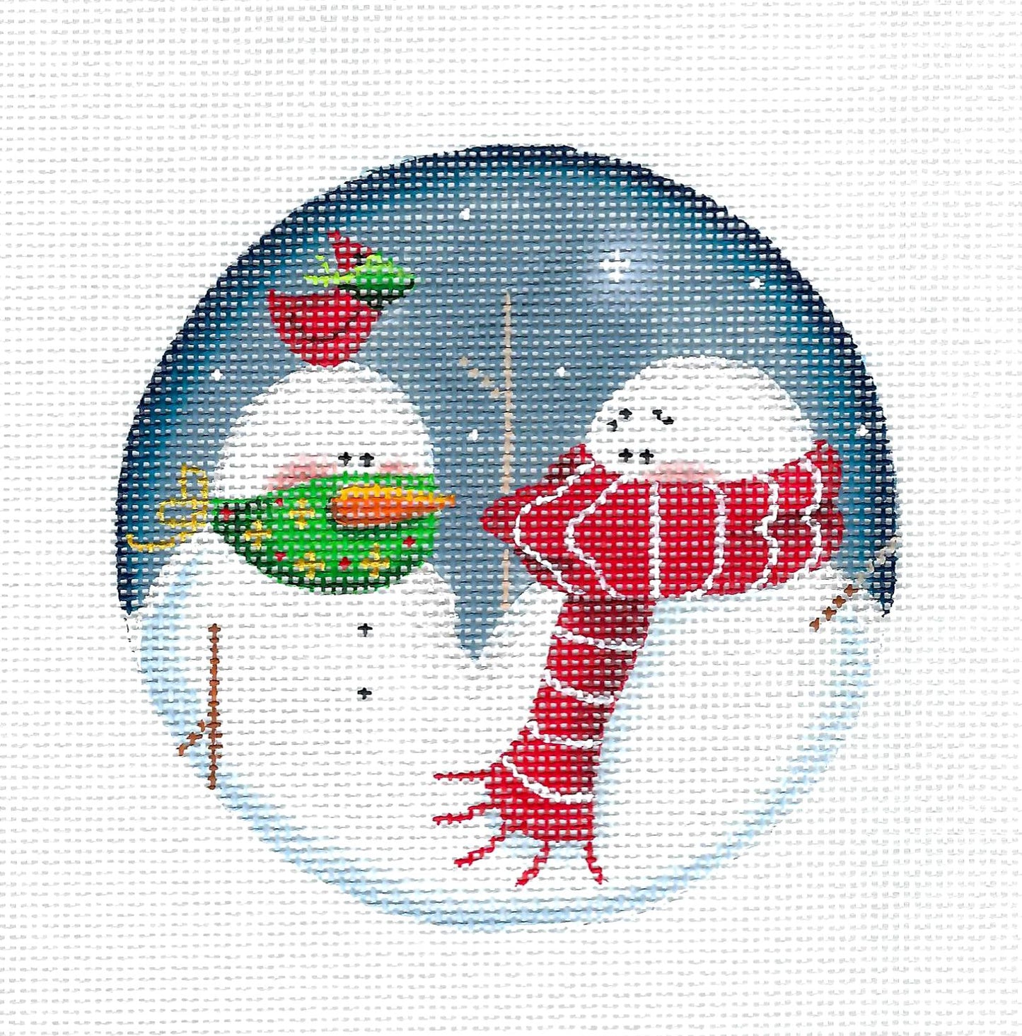 "MASK UP" ~ 2 Snowmen & Cardinal COVID handpainted Needlepoint Canvas by Rebecca Wood