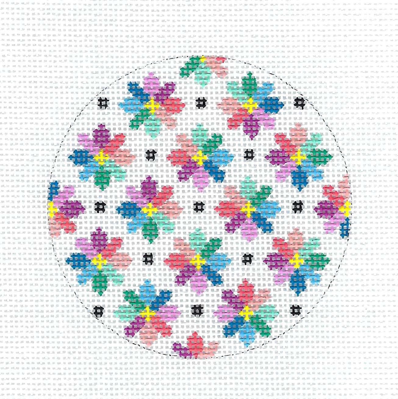 Round ~ Multi-colored Flowers 3.25" Round handpainted Needlepoint Canvas Ornament or Insert by LEE